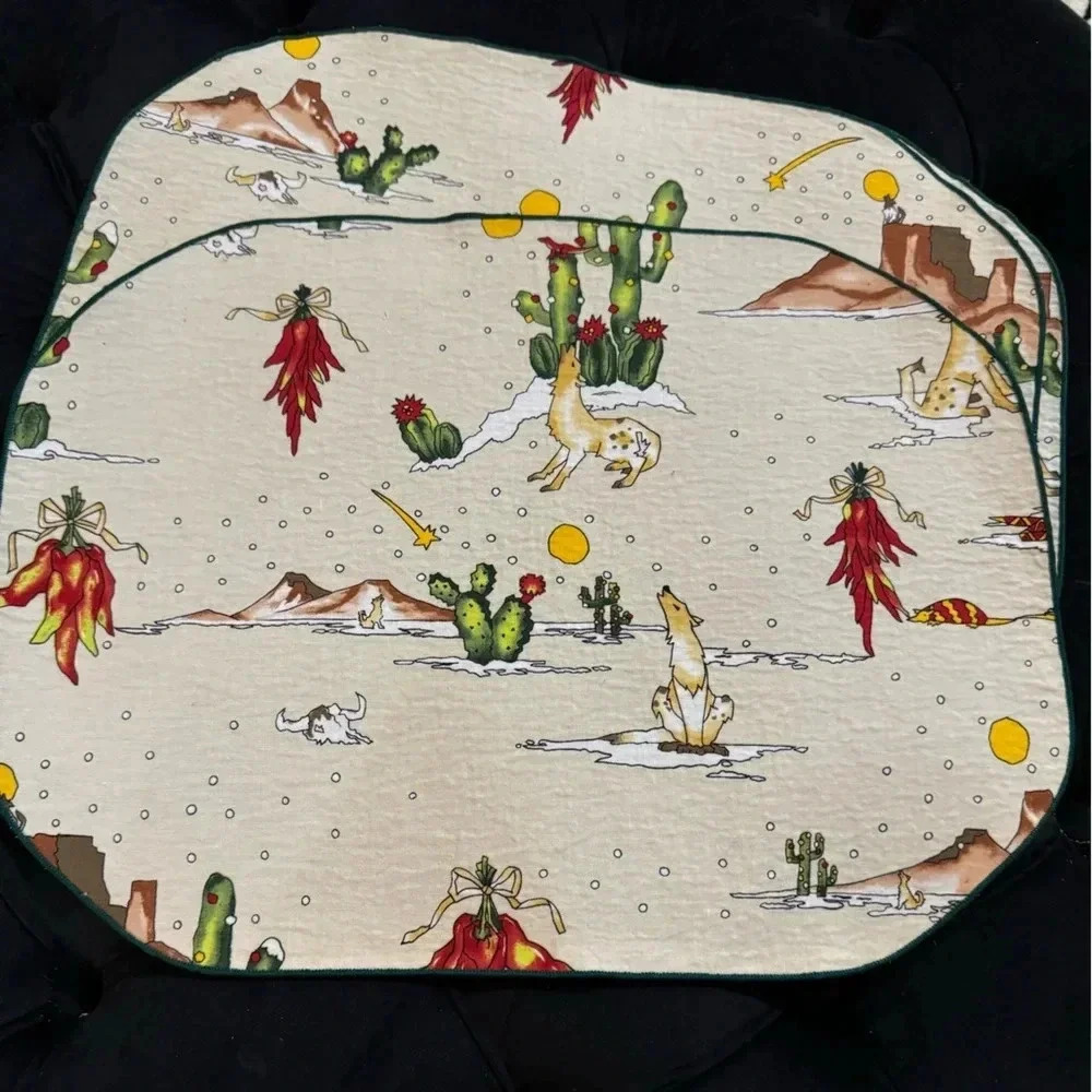 VTG Southwestern Christmas Coyote Placemats Set of 3 Native American Cactus 90s - Picture 2 of 15